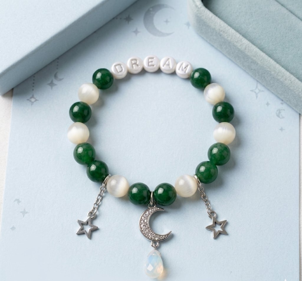 "DREAM" Jade Moon & Stars Charm Bracelet
